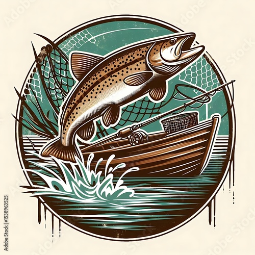 Rustic Fishing Boat Leaping Trout