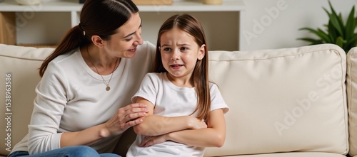 A mother consoles an upset child sitting with crossed arms on a sofa