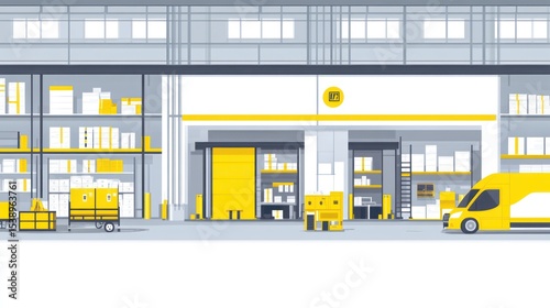 Cartoon illustration of a warehouse scene with boxes, vehicles, and structural details