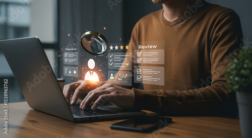Person using laptop, with glowing digital overlays showing a magnifying glass over a profile icon and check lists, signifying online reputation management and review monitoring for business.