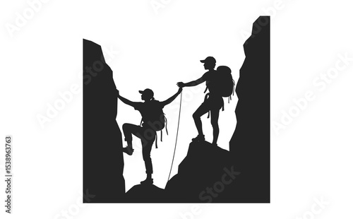 Teamwork in Mountain Hiking Silhouette Vector Illustration