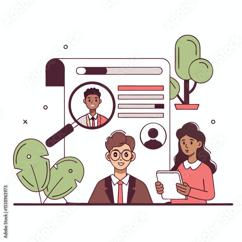 Recruitment process analyzing candidate's resume vector illustration