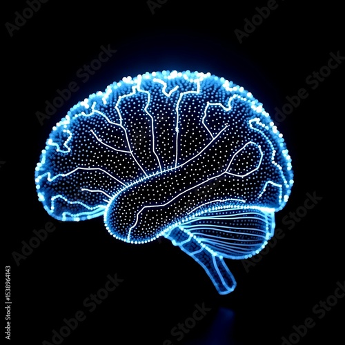 Glowing digital brain made of interconnected nodes and lines on a dark futuristic background.