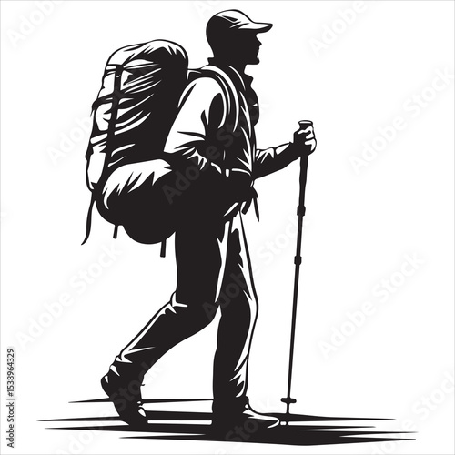 Adventure Hiking Silhouette Vector Illustration – Trekker Walking with Backpack on Mountain Trail, Perfect for Outdoor Travel, Wilderness Exploration, Nature Tourism, and Camping Design Projects