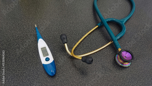 At the check-up to make sure that growth and development are correct. Stethoscope, litmus test, medical props, concept of check-up, health check