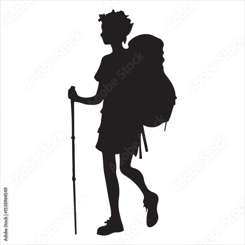 Adventure Hiking Silhouette Vector Illustration – Trekker Walking with Backpack on Mountain Trail, Perfect for Outdoor Travel, Wilderness Exploration, Nature Tourism, and Camping Design Projects