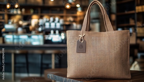 Wallpaper Mural Stylish Eco-Friendly Jute Bag Displayed in Modern Café Interior with Branding Tag Torontodigital.ca