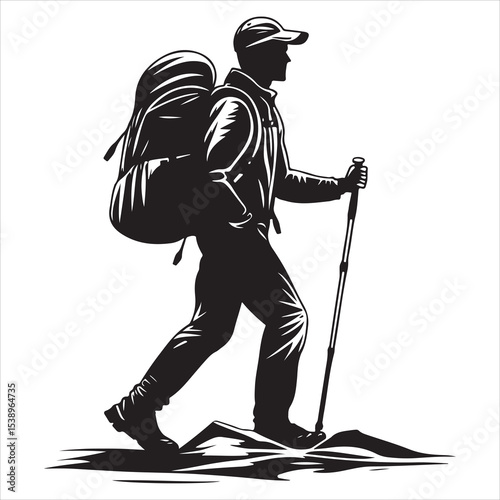 Adventure Hiking Silhouette Vector Illustration – Trekker Walking with Backpack on Mountain Trail, Perfect for Outdoor Travel, Wilderness Exploration, Nature Tourism, and Camping Design Projects