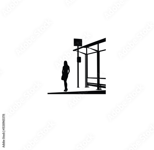 woman waiting at bus stop silhouette on white background