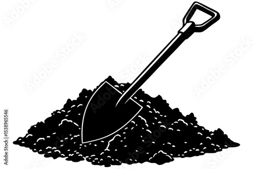 Gardening Tool Shovel in Soil,  Black and White Illustration