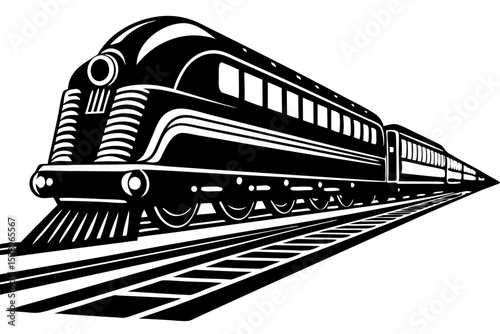 Vintage Streamliner Train Classic Railroad Icon, Black and White Illustration