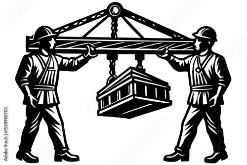 Construction Workers Lifting Heavy Beam with Crane Vintage Style Illustration