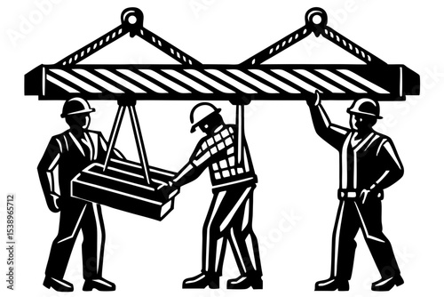 Construction Workers Lifting Heavy Beams Teamwork and Precision in Building Projects
