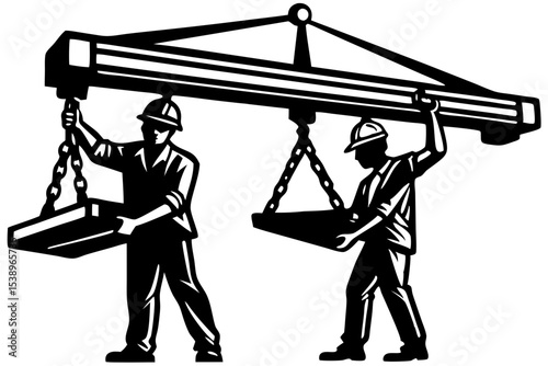 Construction Workers Lifting Heavy Beams with Crane Teamwork and Precision in Industrial Project