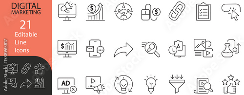 Digital marketing line icon set featuring SEO, PPC, social media, analytics, conversion, email, and advertising concepts. Perfect for websites, apps, and presentations.