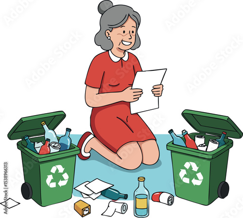 Elderly woman sorting recyclable bottles and paper waste near green recycling bins vector illustration 