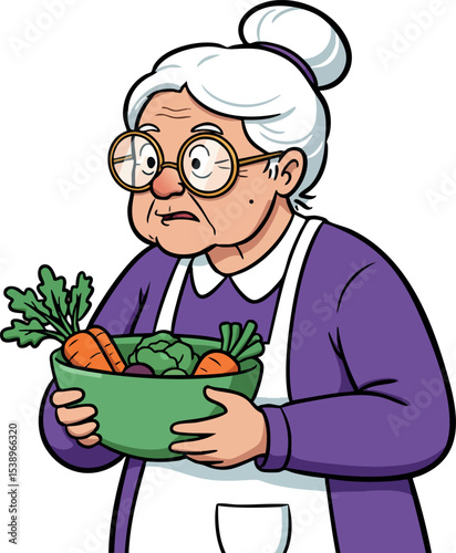Elderly woman holding bowl of fresh vegetables in purple outfit and white apron vector illustration 