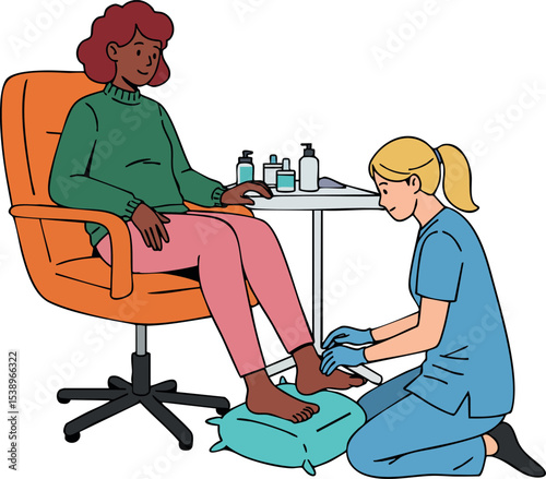 Foot care treatment session with nurse and patient in clinic setting vector illustration 