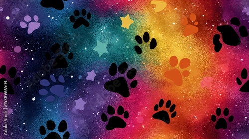 rainbow background with paw prints and stars in vibrant 90s style design