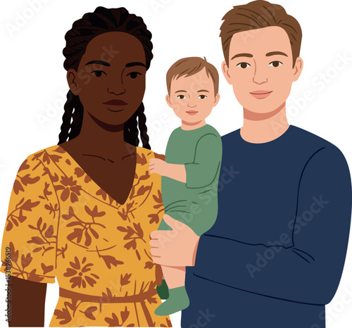 Diverse family with mother father and baby child portrait in casual clothes vector illustration 