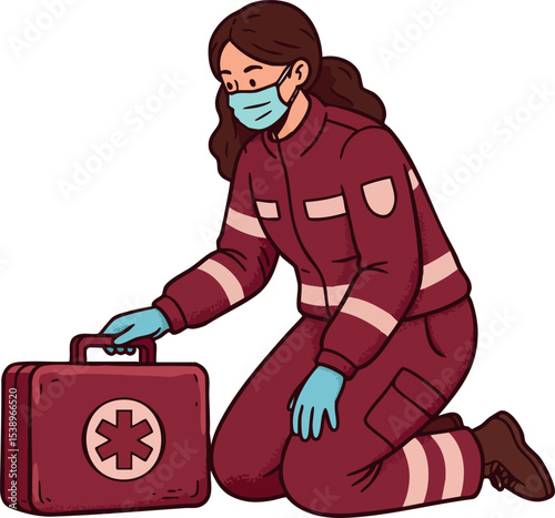 Female Emergency Responder Wearing Mask Kneeling with Medical Kit in Red Uniform Vector Illustration 