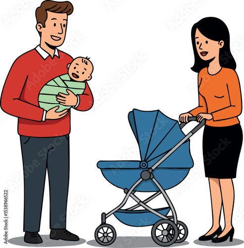 Young parents with baby and stroller caring for infant family lifestyle vector illustration 