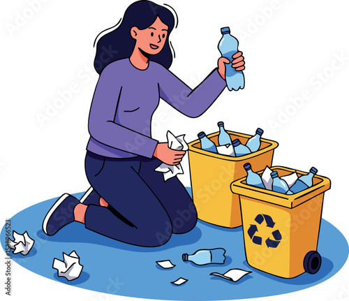 Woman sorting plastic bottles recycling waste with yellow bins for environment care vector illustration 