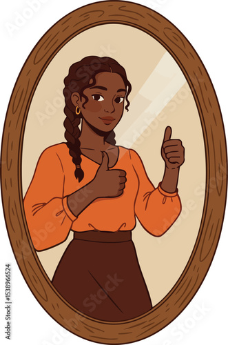 Woman giving thumbs up looking in oval mirror reflection with wooden frame brown and orange clothes 
