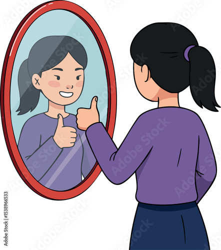 Girl looking in mirror giving thumbs up reflection with purple clothes vector illustration 