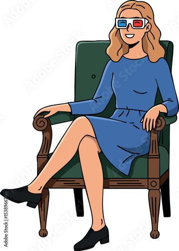 Woman Wearing 3D Glasses Sitting on Wooden Armchair in Blue Dress Vector Illustration