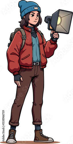 Young woman explorer holding spotlight wearing red jacket and blue beanie vector illustration 