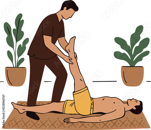Physical therapist performing leg stretch on male patient in indoor wellness setting 