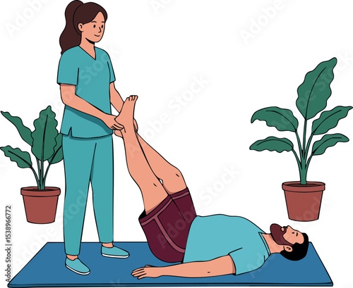 Physical therapist assisting male patient with leg stretch exercise in indoor rehabilitation setting 