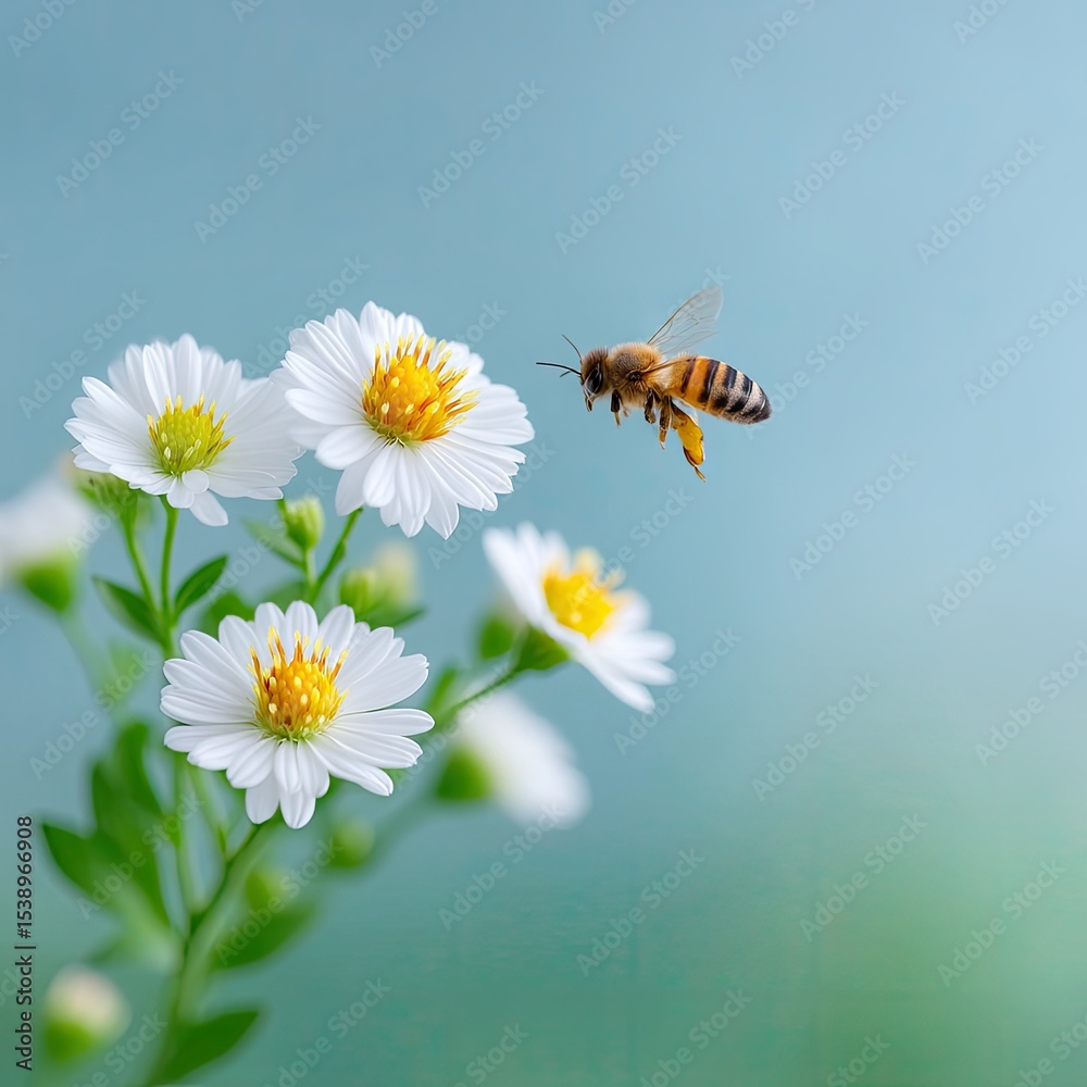 Close Up of Bee in Flight Approaching White Daisies Against a Soft Green Background Close Up of Bee in Flight Approaching White Daisies Against a Soft Green Background