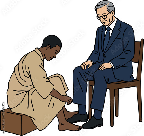 Man Helping Another Man Remove Shoes Sitting on Chairs in Simple Scene Vector Illustration 