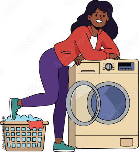 Woman Doing Laundry Using Washing Machine with Clothes Basket at Home Daily Activity