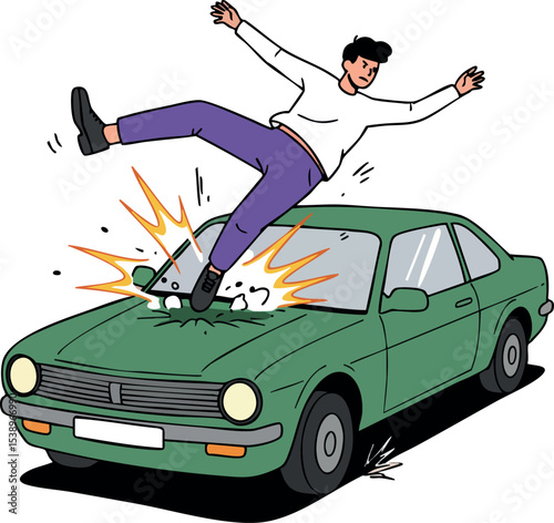 Man Falling Off Green Car After Collision Illustration Vector Artwork 