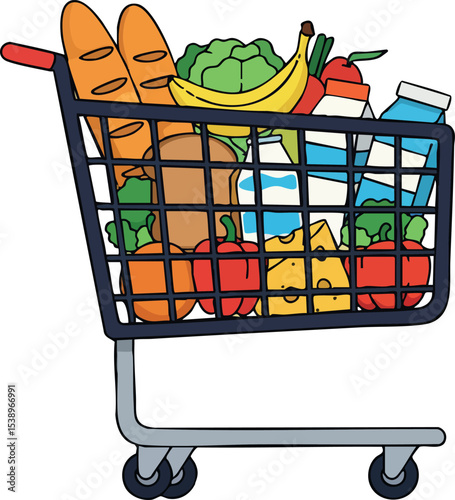 Grocery shopping cart filled with fresh fruits vegetables bread and dairy products vector illustration 