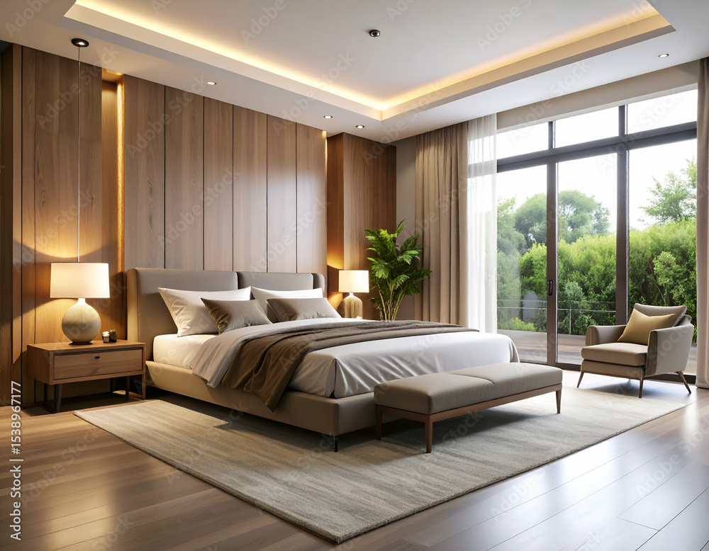 Fototapeta premium Modern Beige Bedroom Interior Design with Wood Walls and Large Windows