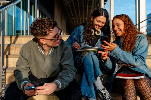 Three cheerful university students are sitting on campus stairs, sharing funny social media content on a smartphone and enjoying their time together