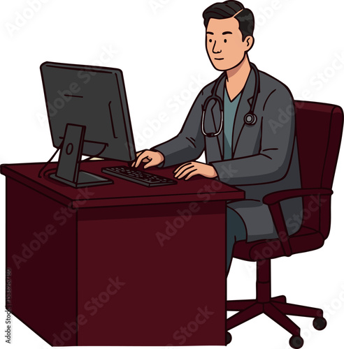 Male doctor working on computer at office desk with stethoscope vector illustration 