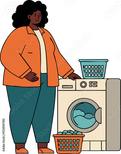 Woman doing laundry with washing machine and baskets in casual clothes vector illustration 