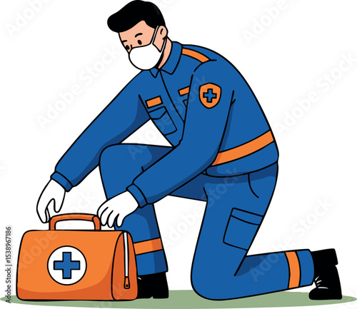 Emergency medical responder kneeling with first aid kit wearing mask and protective uniform vector illustration 
