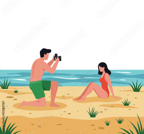 Man taking photo of woman sitting on sandy beach with ocean background vector illustration 