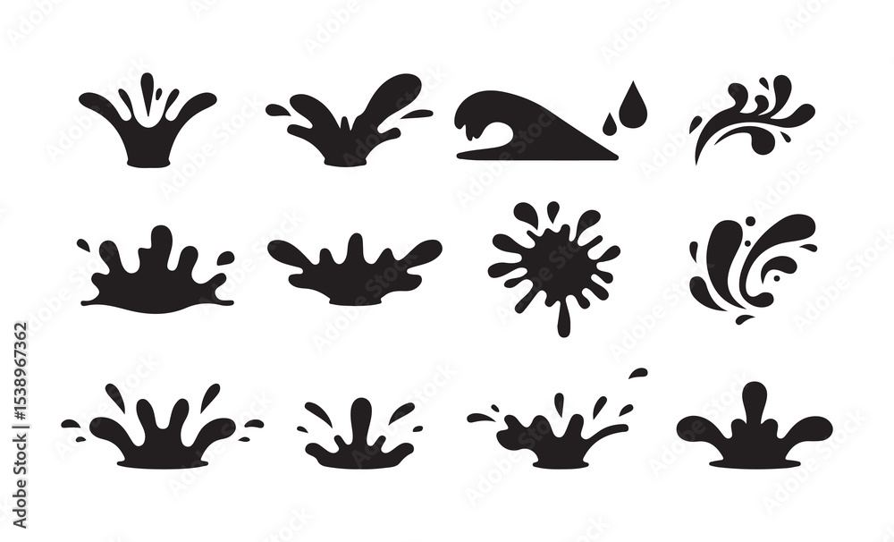 Obraz premium Black Water Splash and Drop Silhouette Vector Set. Liquid Icons and Wave Elements. Victor illustration eps 10