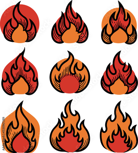 Fire flame icons set with red and orange colors vector illustration design elements collection 