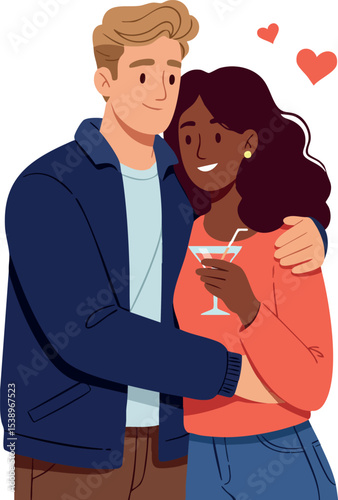 Young interracial couple embracing with drink and hearts romantic illustration