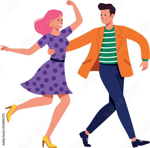 Dancing couple in colorful clothing enjoying lively movement and joyful interaction vector illustration 