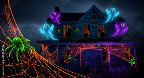 Haunted house with glowing spiderweb, neon spiders, and floating ghosts. Spooky autumn display for Halloween night holiday.