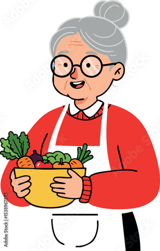 Elderly woman holding bowl of fresh vegetables in red sweater and white apron vector illustration 